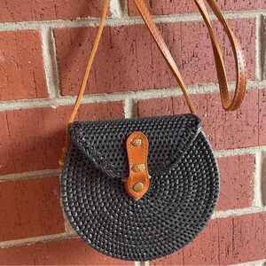 Anthropologie Black Bali Circle Crossbody Bag Rattan Purse With Faux Leather